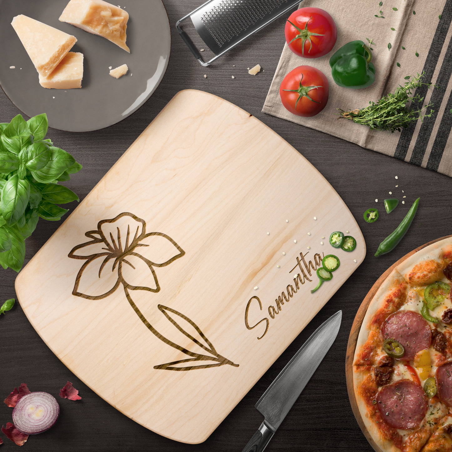 Engraved Cutting Board with Custom Name & Birth Flower - c399a25
