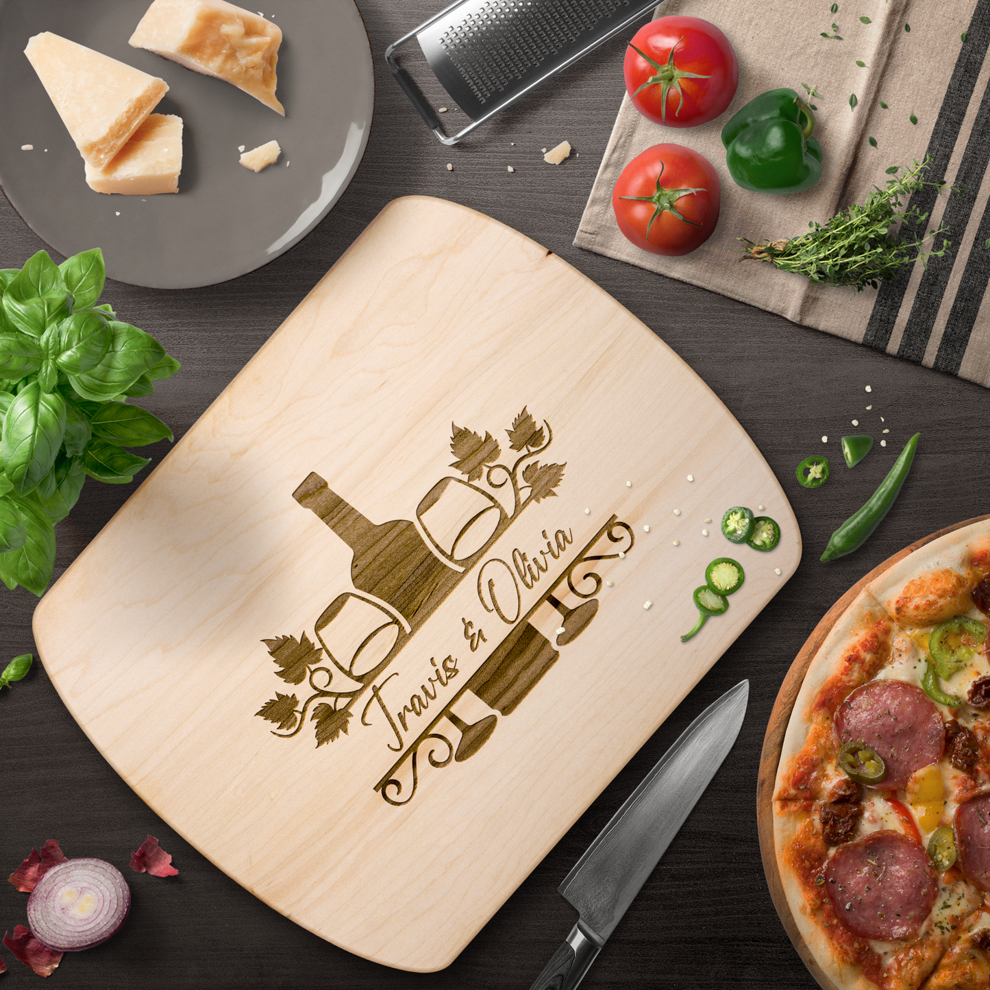Custom Wine Bottle & Glasses Cutting Board with Names - c413a25