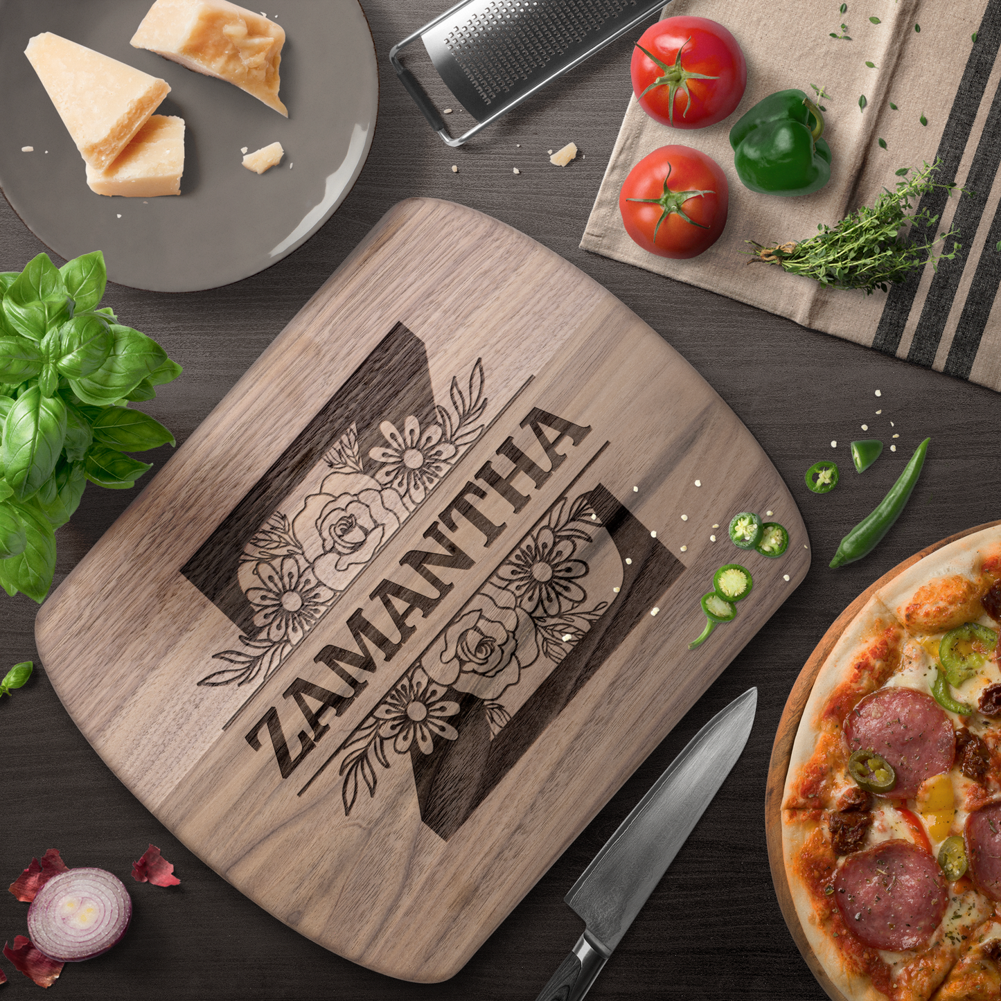 Bold Monogram Cutting Board with Custom Name & Florals - c401a25
