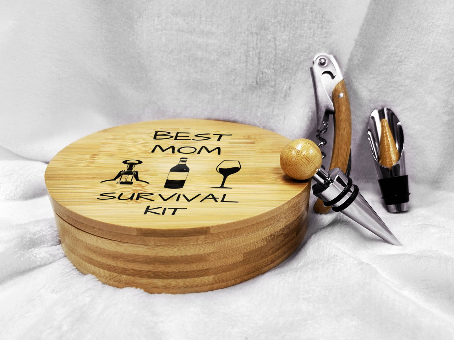 Elegant bamboo wine tool set showing personalized mom print in use