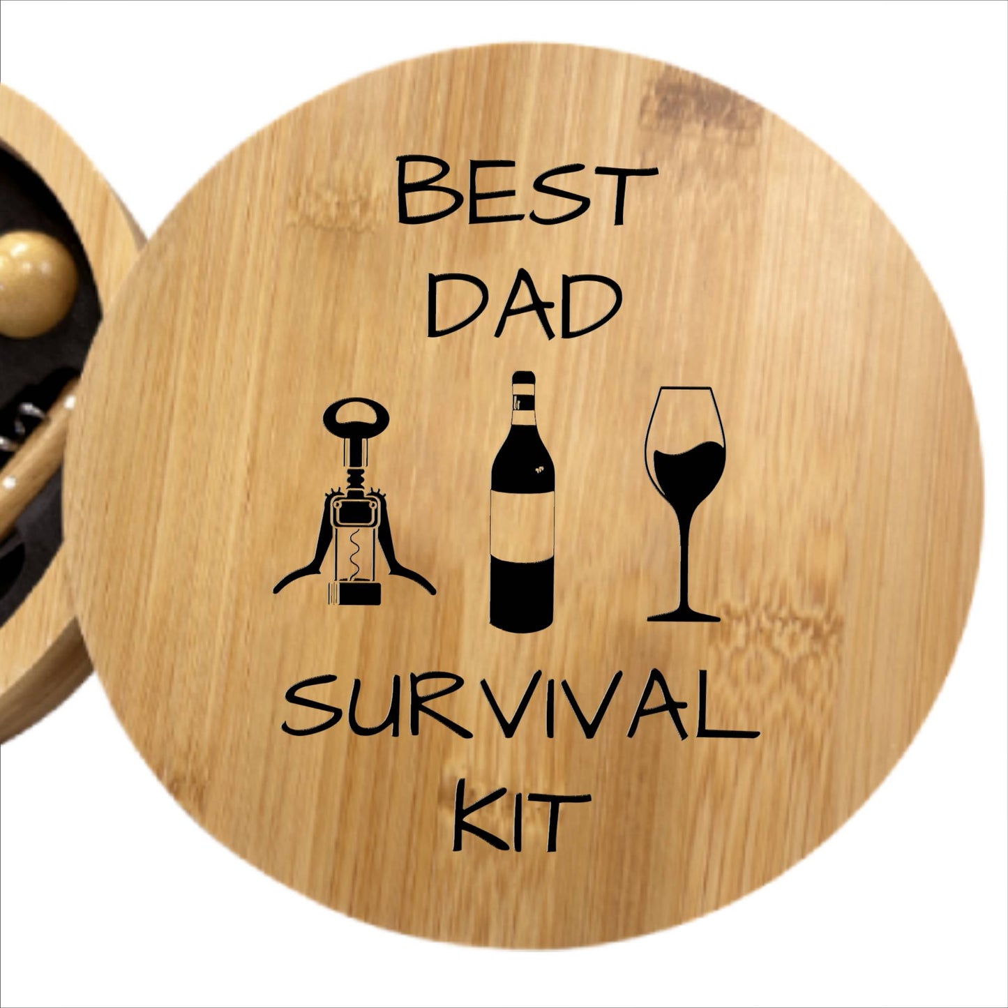 Close-up of wine tool set components showing premium quality and custom dad printing