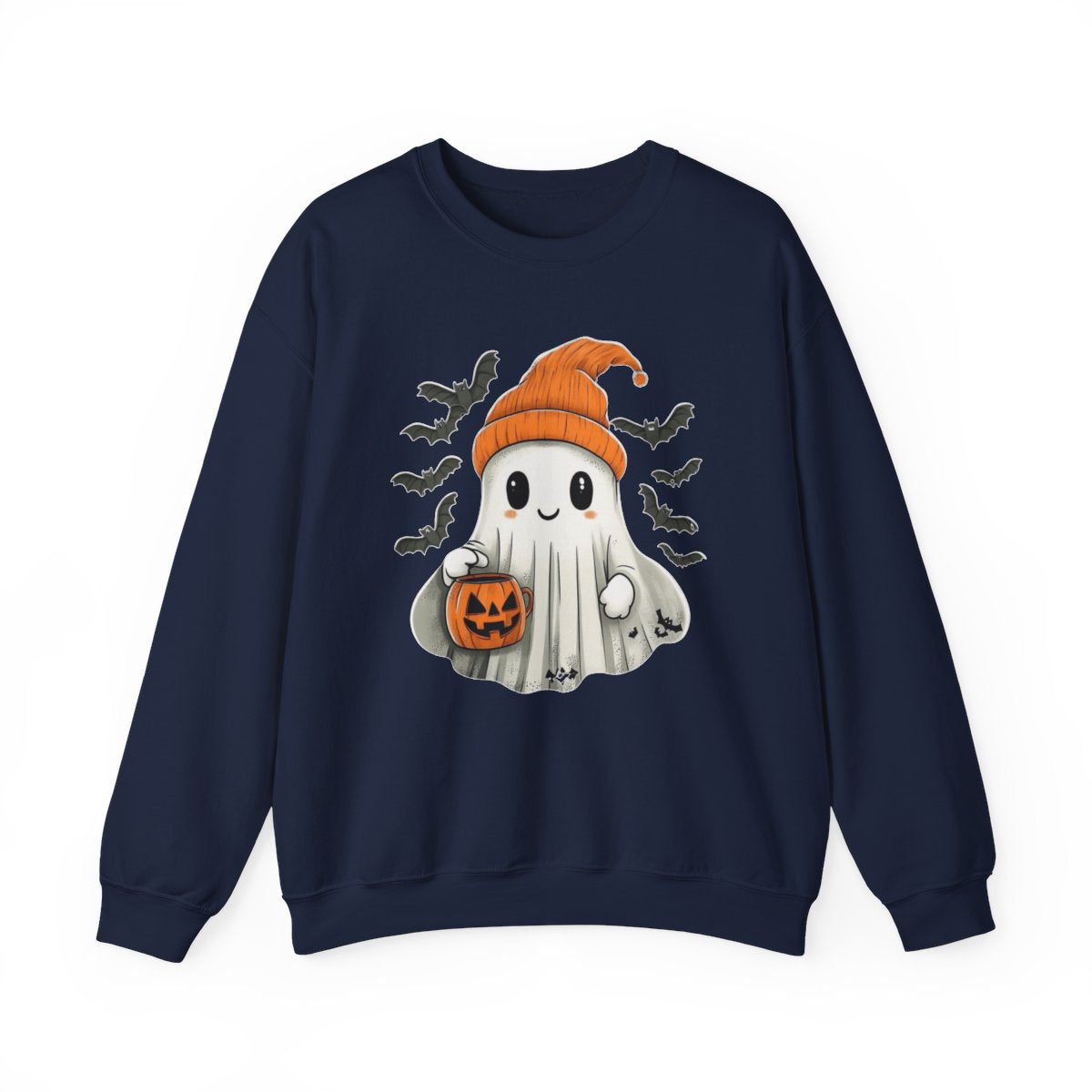 Ghost with Pumpkin Bucket Sweatshirt - Cozy Spooky Season Style - c507a25