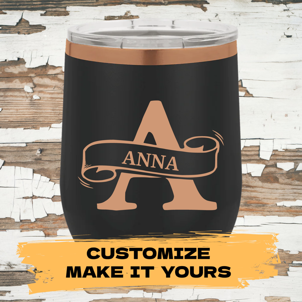 Polar Camel® 12oz wine tumbler with custom rose gold monogram and name engraving