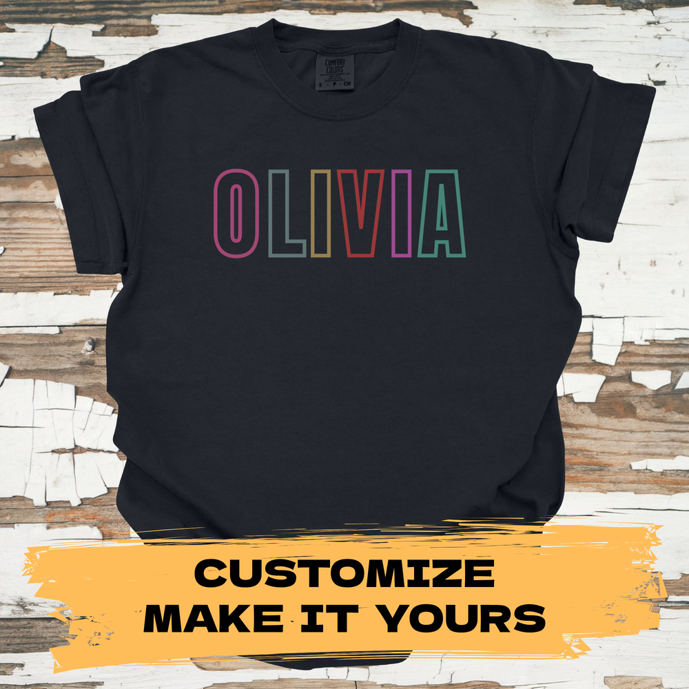 Custom name t-shirt with personalized multicolor design - Front View
