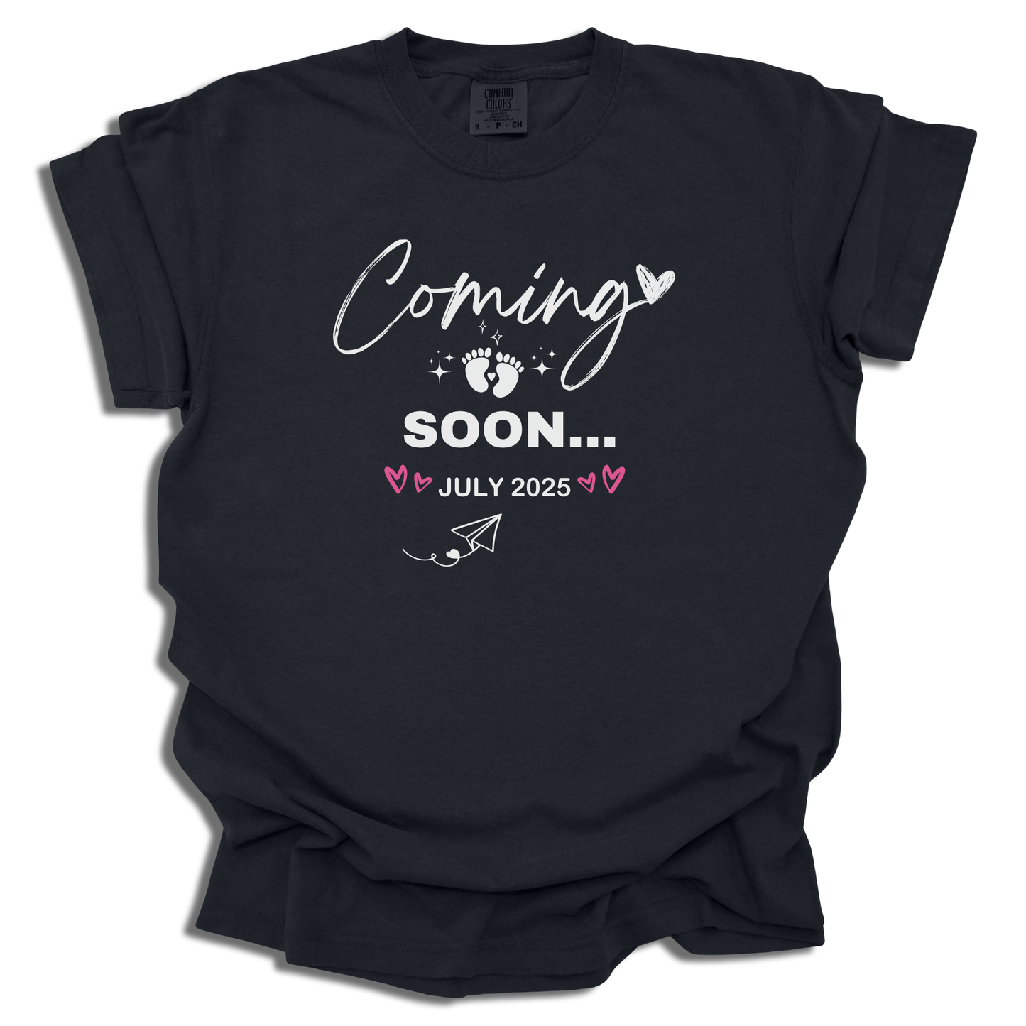 Baby Coming Soon July 2025 T-Shirt | Custom Date Maternity Tee | Pregnancy Gift - c243a25