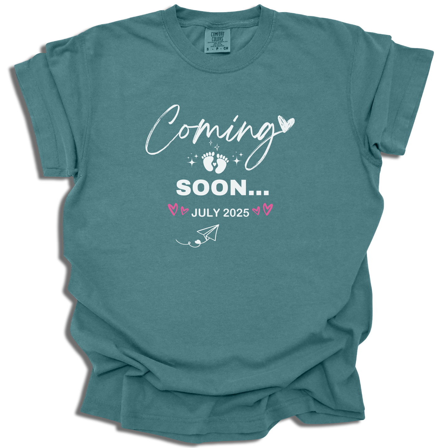 Baby Coming Soon July 2025 T-Shirt | Custom Date Maternity Tee | Pregnancy Gift - c243a25