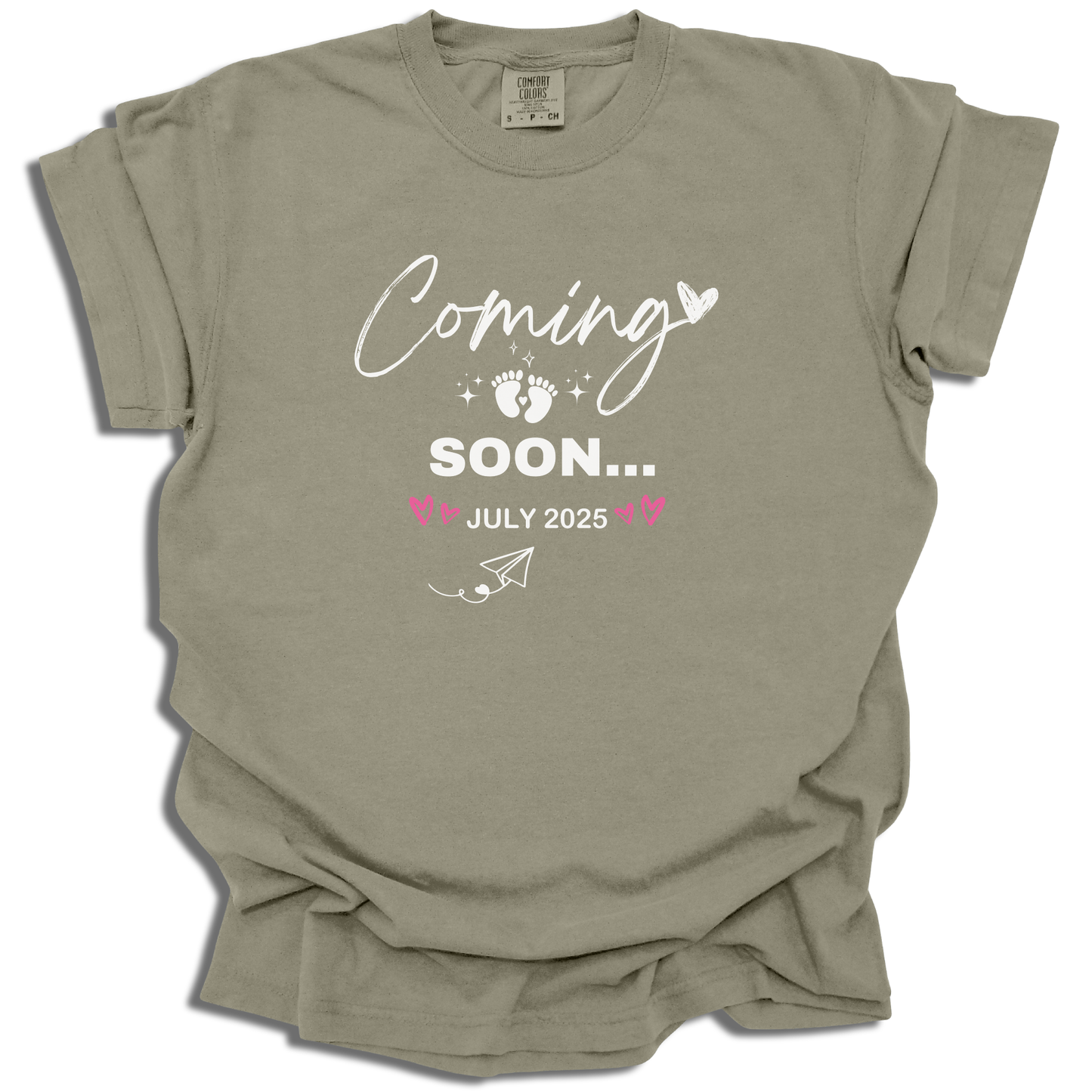 Baby Coming Soon July 2025 T-Shirt | Custom Date Maternity Tee | Pregnancy Gift - c243a25