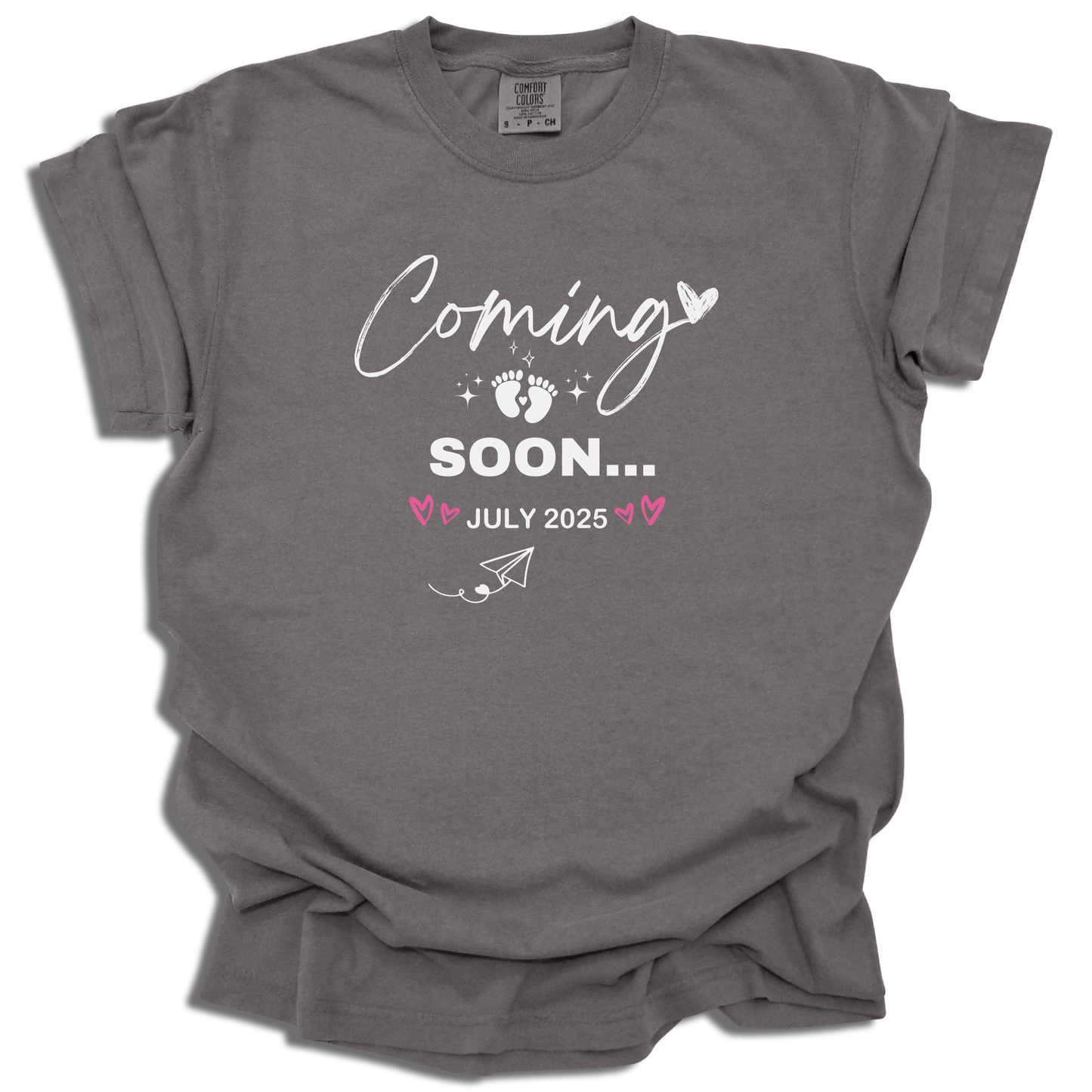 Baby Coming Soon July 2025 T-Shirt | Custom Date Maternity Tee | Pregnancy Gift - c243a25