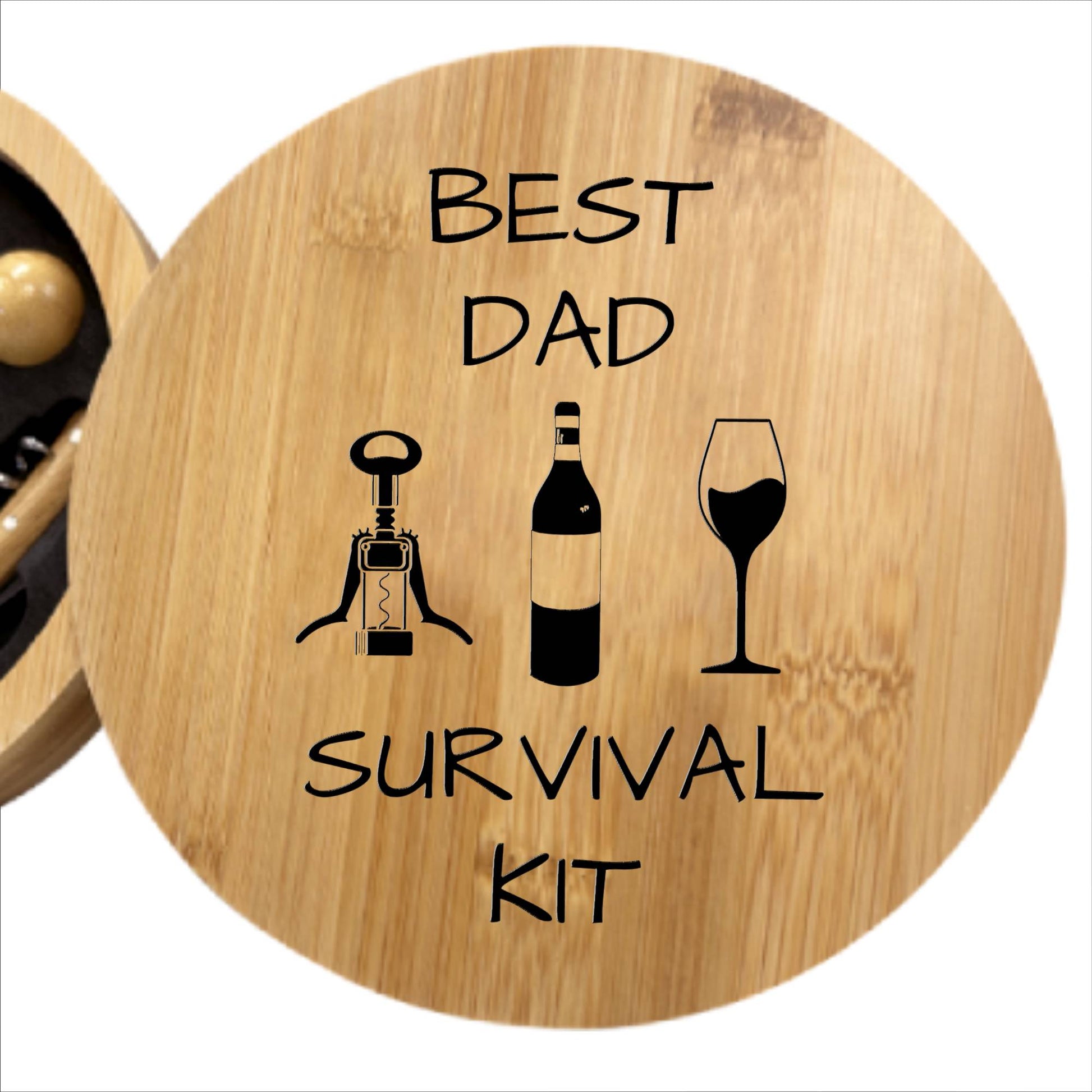 Close-up of wine tool set components showing premium quality and custom dad printing