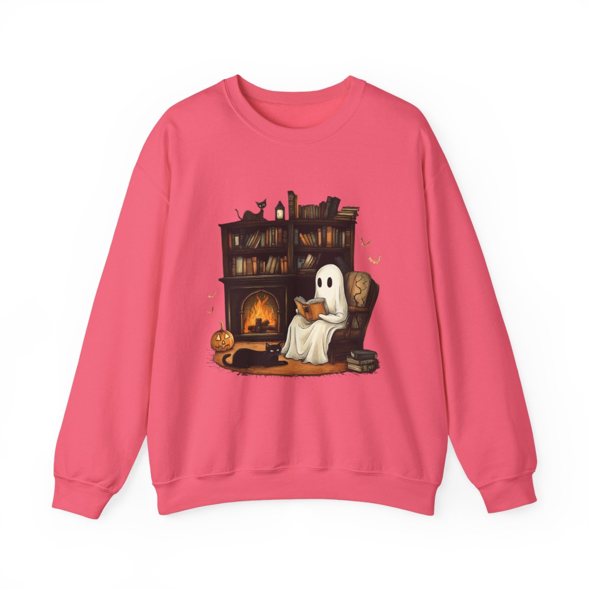 Haunted Book Nook Sweatshirt - Ghost, Cat & Cozy Vibes - c511a25