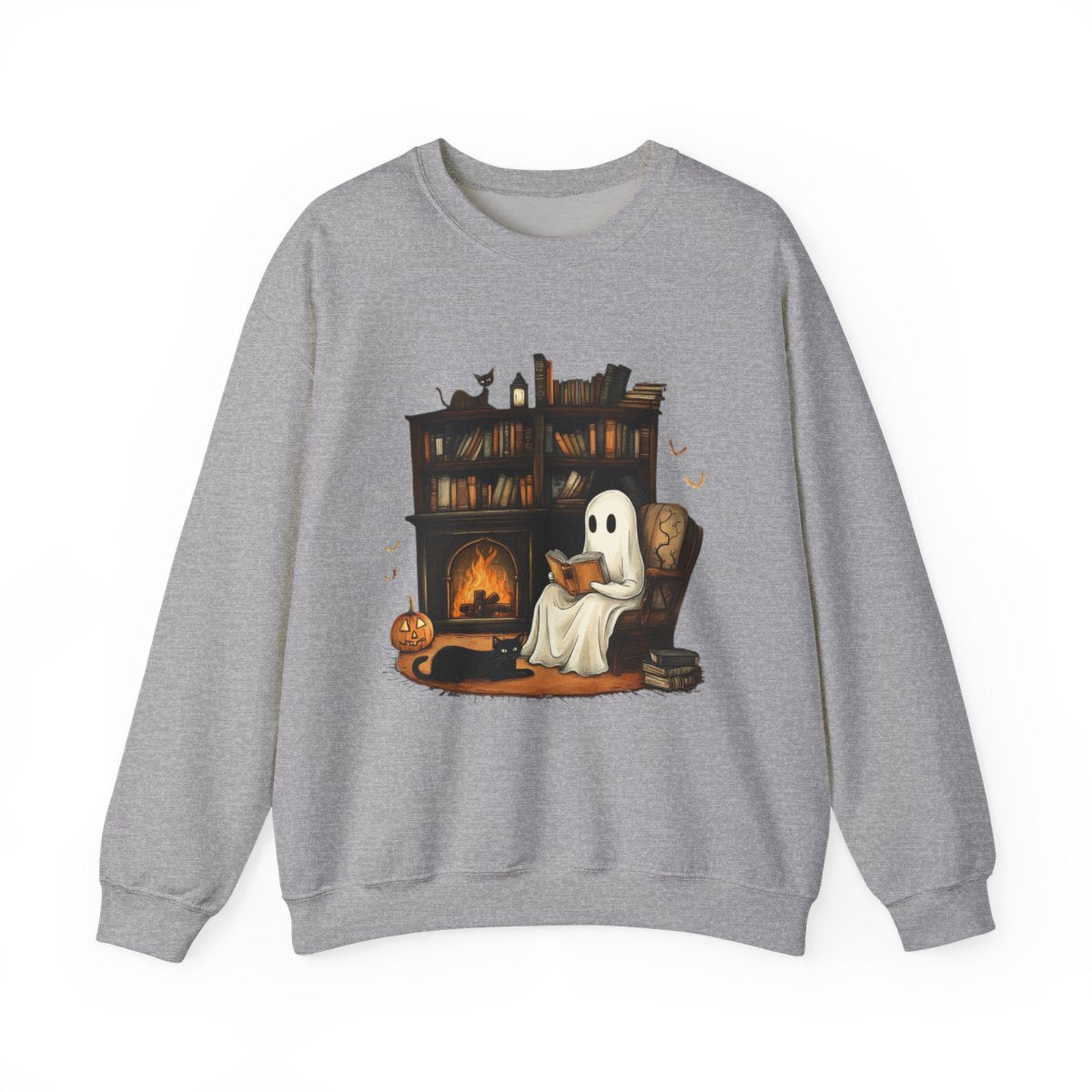 Haunted Book Nook Sweatshirt - Ghost, Cat & Cozy Vibes - c511a25