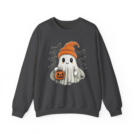 Ghost with Pumpkin Bucket Sweatshirt - Cozy Spooky Season Style - c507a25