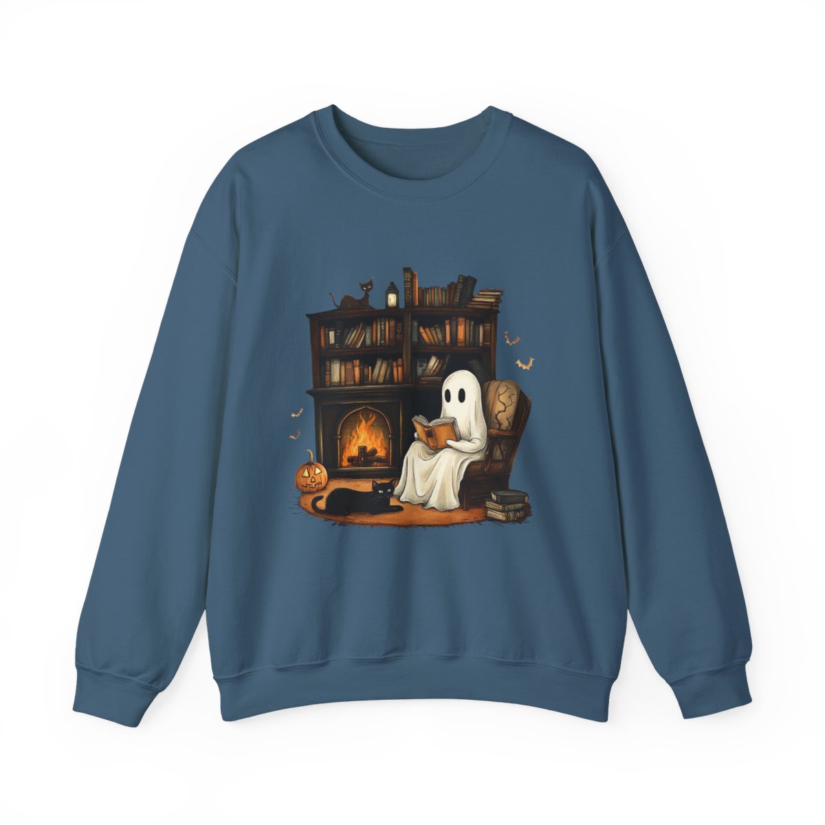 Haunted Book Nook Sweatshirt - Ghost, Cat & Cozy Vibes - c511a25