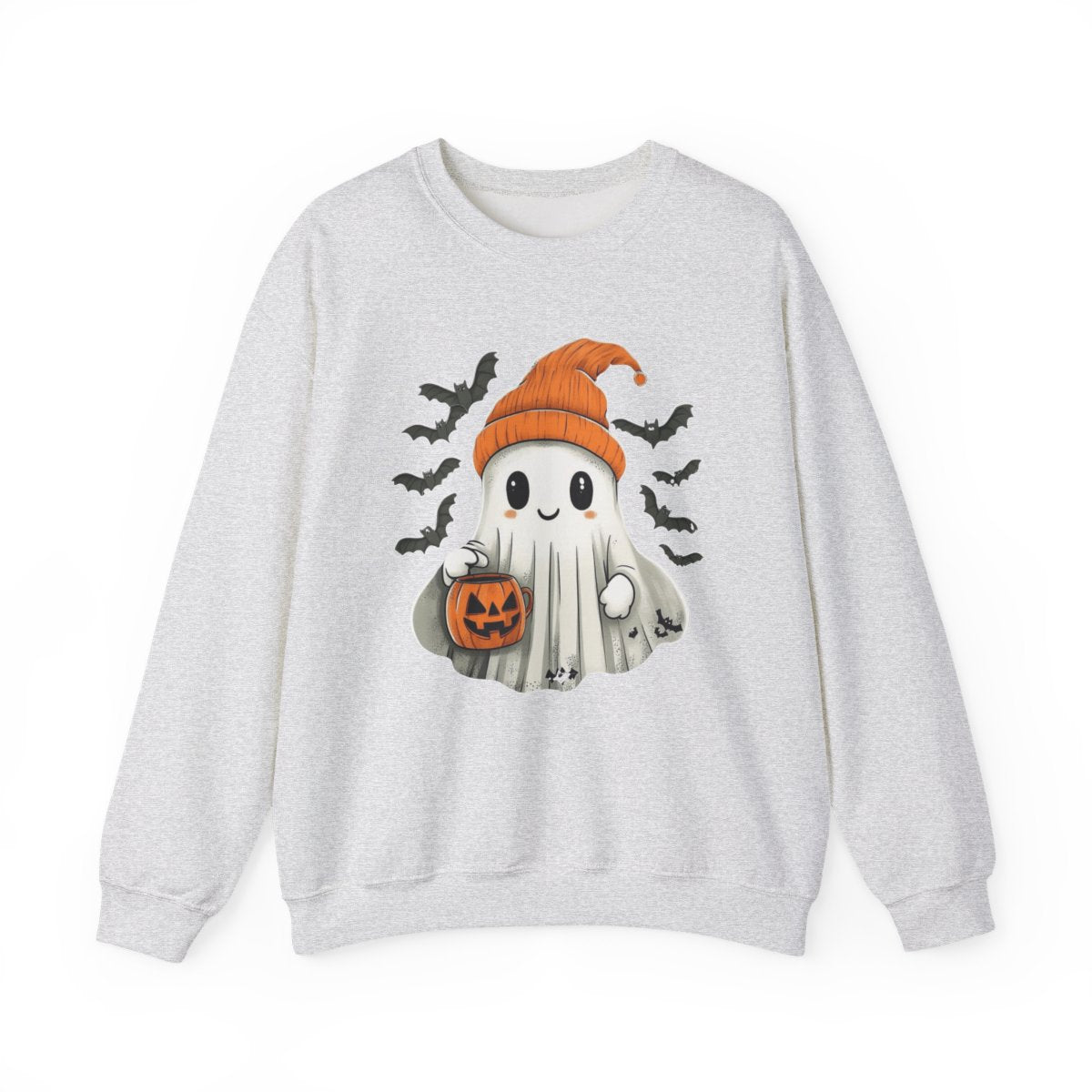 Ghost with Pumpkin Bucket Sweatshirt - Cozy Spooky Season Style - c507a25