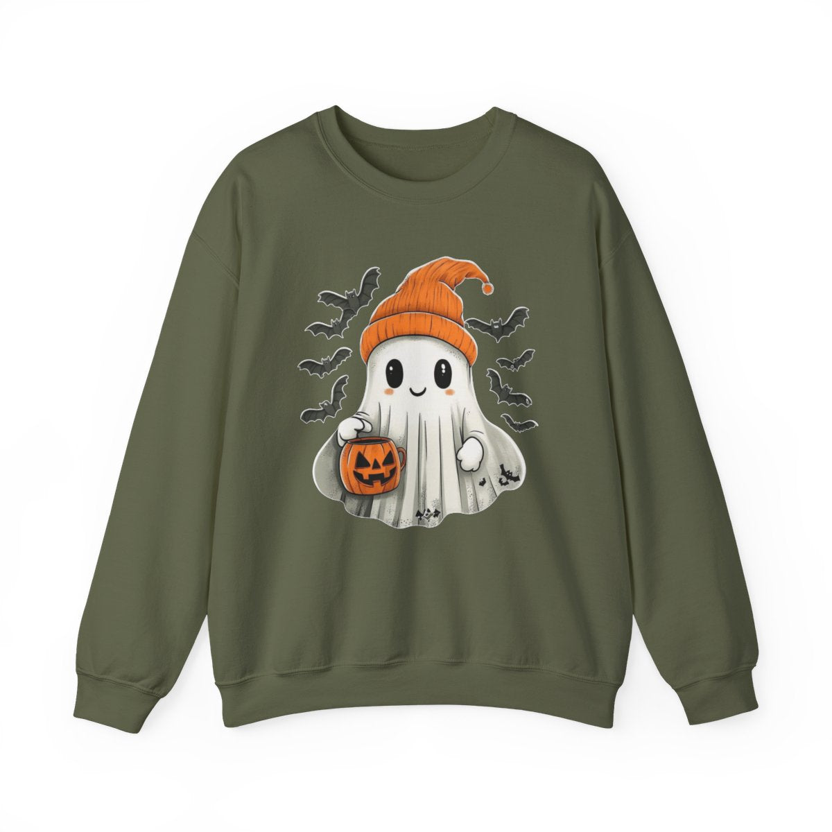 Ghost with Pumpkin Bucket Sweatshirt - Cozy Spooky Season Style - c507a25