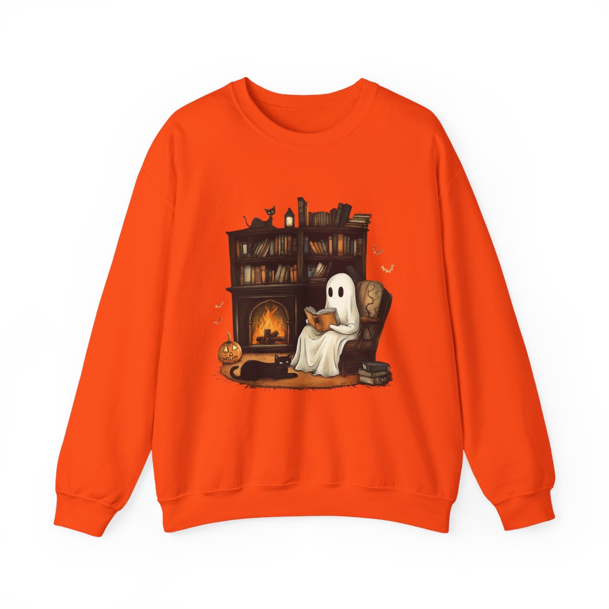 Haunted Book Nook Sweatshirt - Ghost, Cat & Cozy Vibes - c511a25