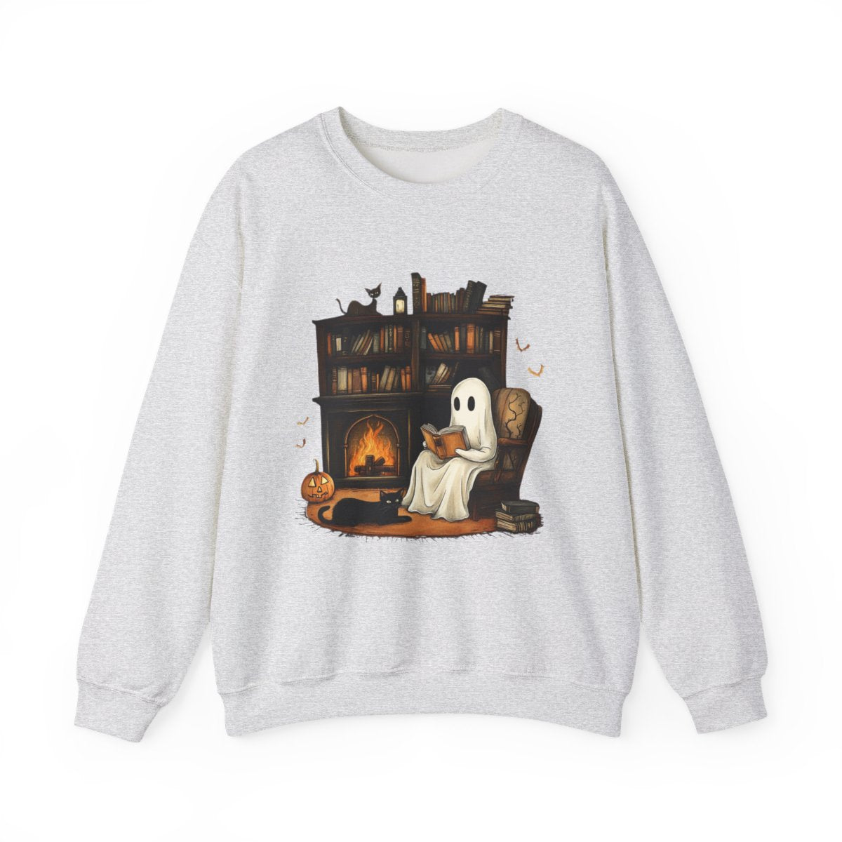 Haunted Book Nook Sweatshirt - Ghost, Cat & Cozy Vibes - c511a25