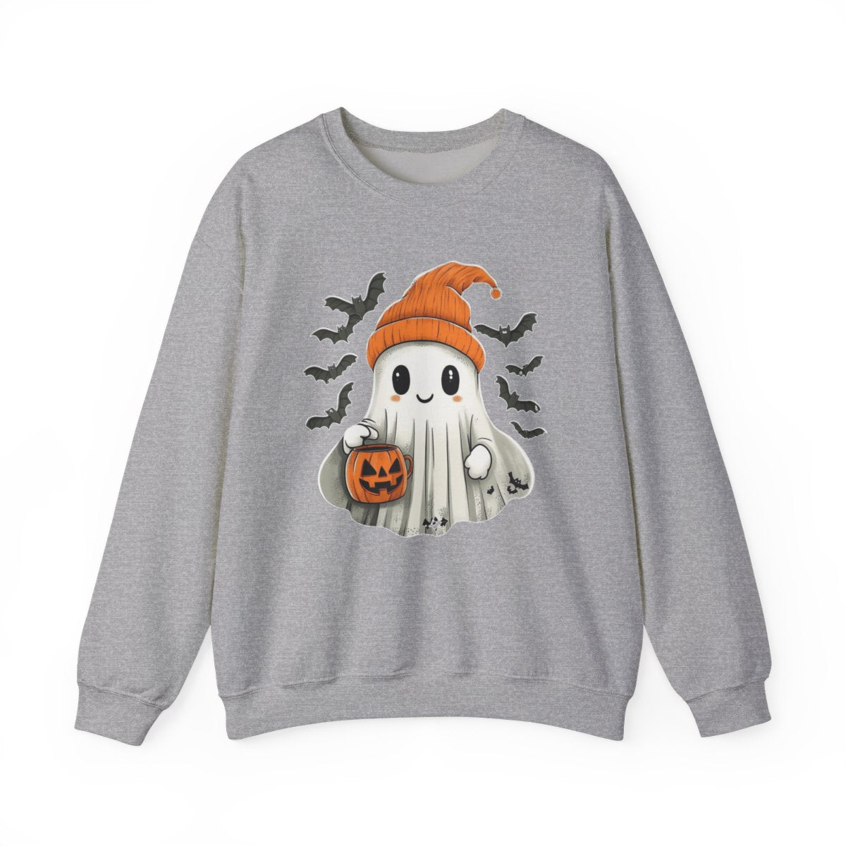Ghost with Pumpkin Bucket Sweatshirt - Cozy Spooky Season Style - c507a25