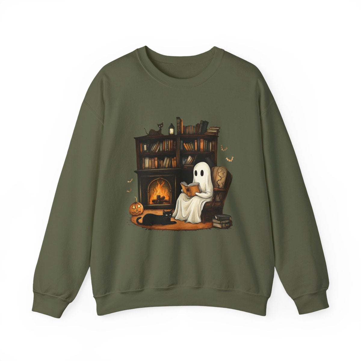 Haunted Book Nook Sweatshirt - Ghost, Cat & Cozy Vibes - c511a25
