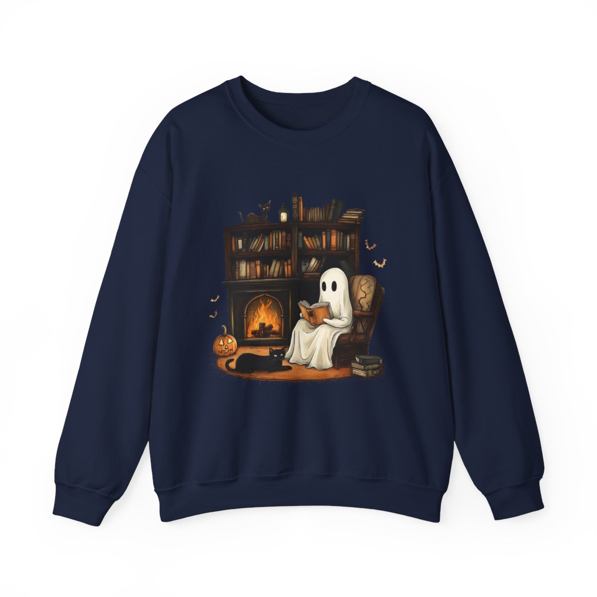 Haunted Book Nook Sweatshirt - Ghost, Cat & Cozy Vibes - c511a25