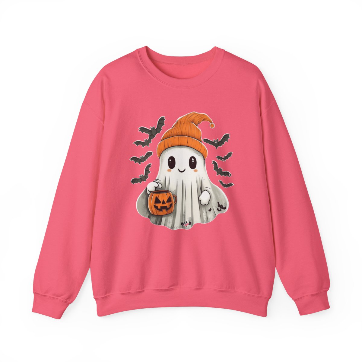 Ghost with Pumpkin Bucket Sweatshirt - Cozy Spooky Season Style - c507a25
